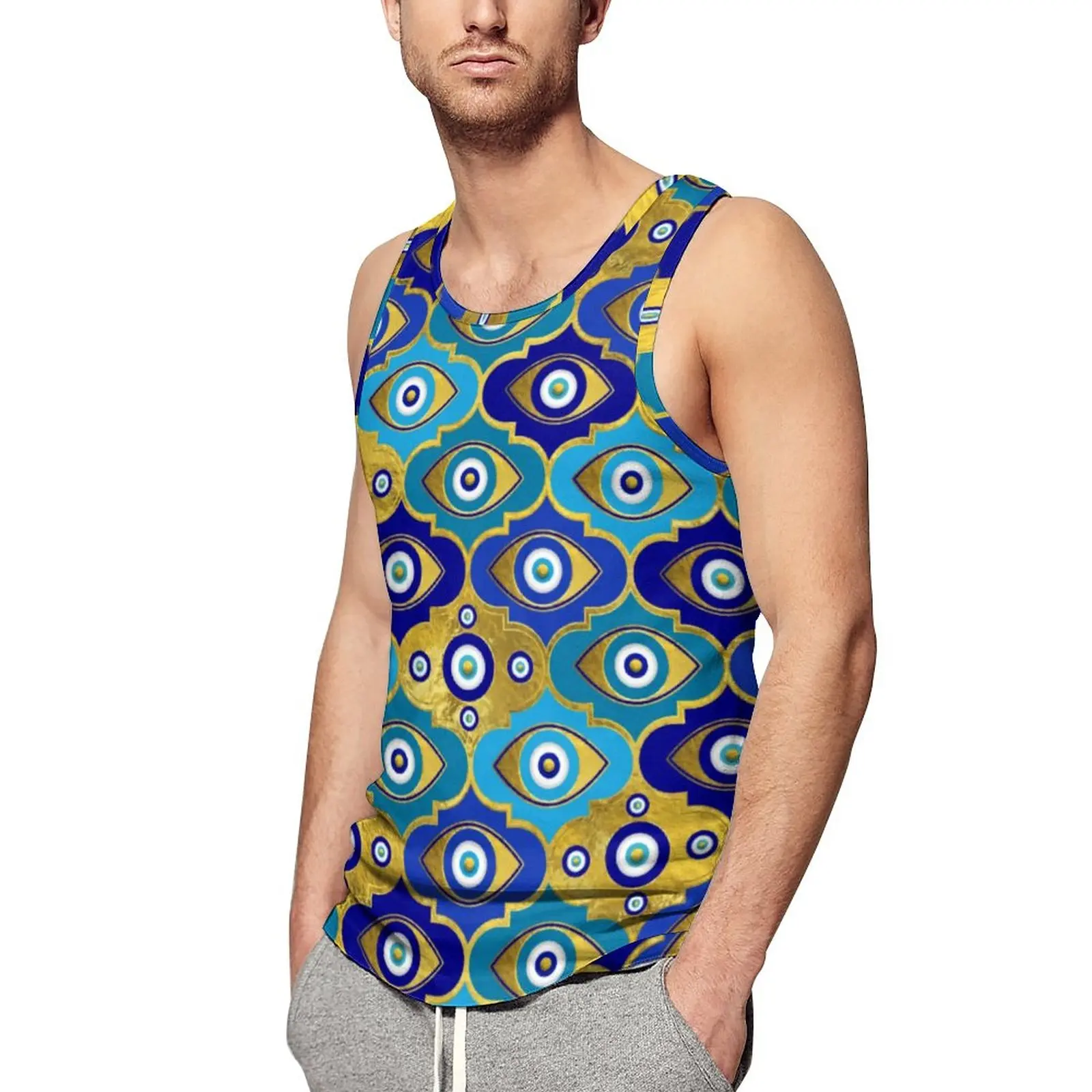

Blue Evil Eye Print Tank Top Man's Nazar Charm Vintage Tops Summer Gym Pattern Sleeveless Vests Plus Size
