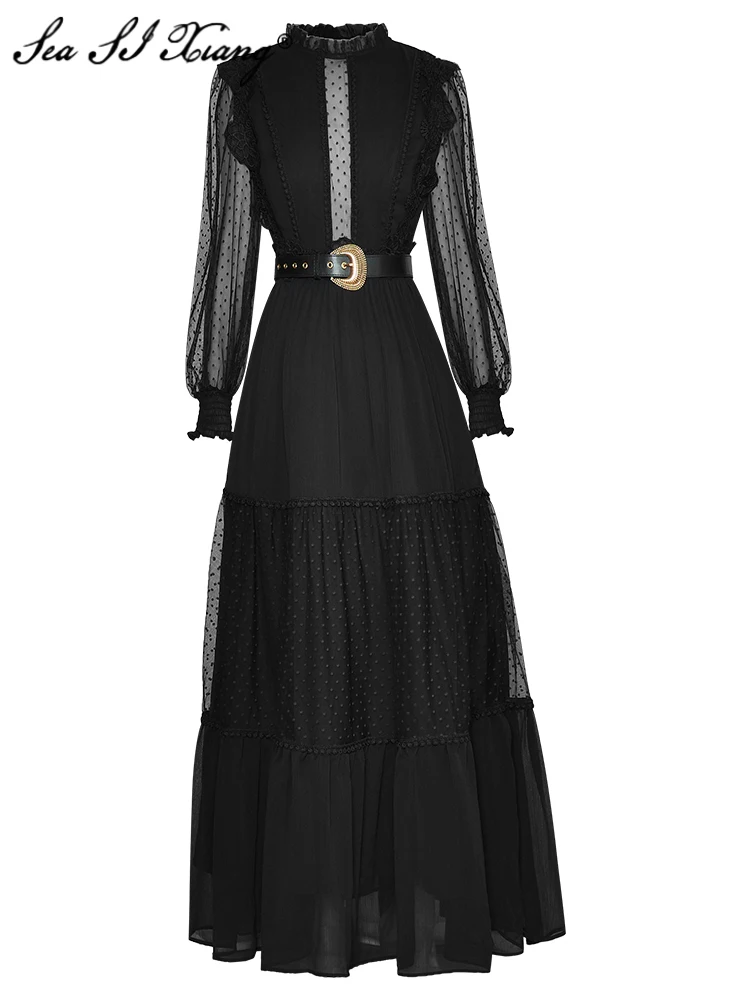 Seasixiang Fashion Designer Summer Dress Women Stand Collar Dot Mesh Lantern Sleeve Belt Elegant Party Black Long Dresses