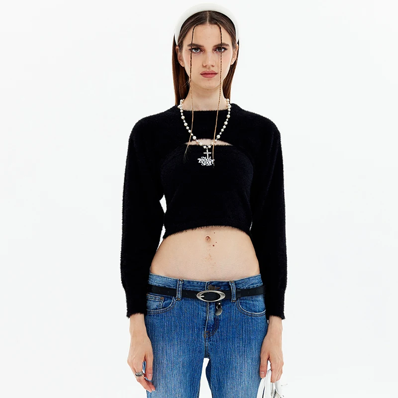 

Свитер и майка 2 в 1 в винтажном стиле Y2k, модные свитера в Корейском стиле с длинным рукавом и коротким рукавом, Женский пуловер, топ, повседневный женский джемпер