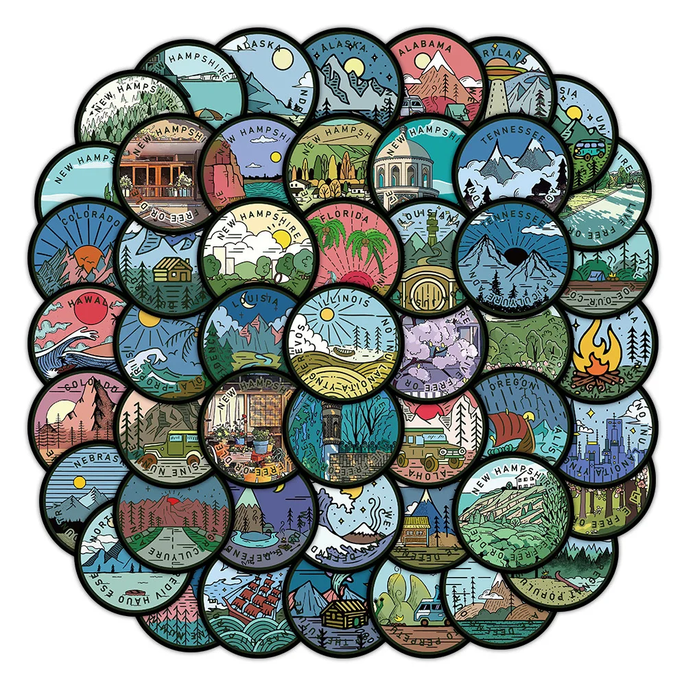 

10/30/60PCS USA Map Landscape Round Sticker DIY Phone Laptop Luggage Skateboard Graffiti Decals Fun for Kid Toy