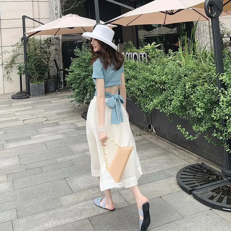 

Summer New Student Chiffon Two Piece Dress Temperament Sexy Waist T-shirt Sisters Dress