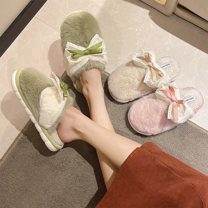 

Тапочки домашние на платформе, плюшевые шлепанцы из флока, массажные короткие, на плоской подошве, с бантом-бабочкой, в римском стиле, зимняя обувь