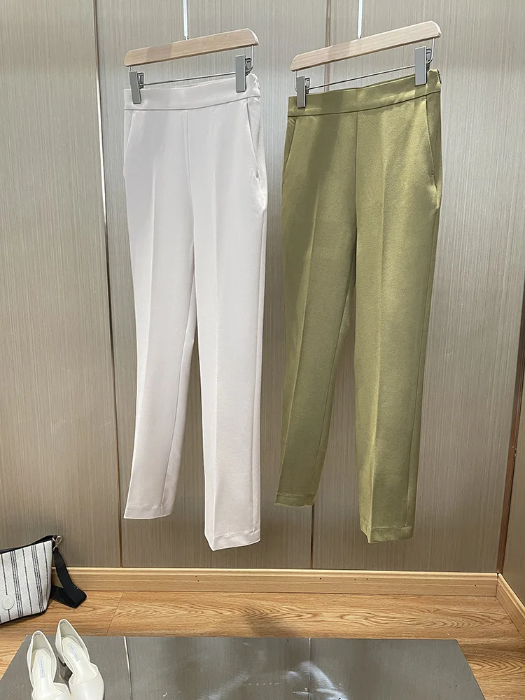 Women's Ankle Length Pants Straight Zipper Fly Trousers Simple Solid Wool Blend Casual Spring Summer