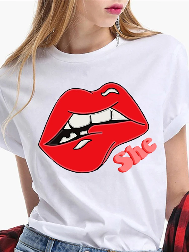 Купи Women Lip Watercolor Lips Funny Fashion Print Graphic Summer Tee Crewneck Short Sleeve Tshirt Tops Tees T-shirt Design T-shirts за 187 рублей в магазине AliExpress