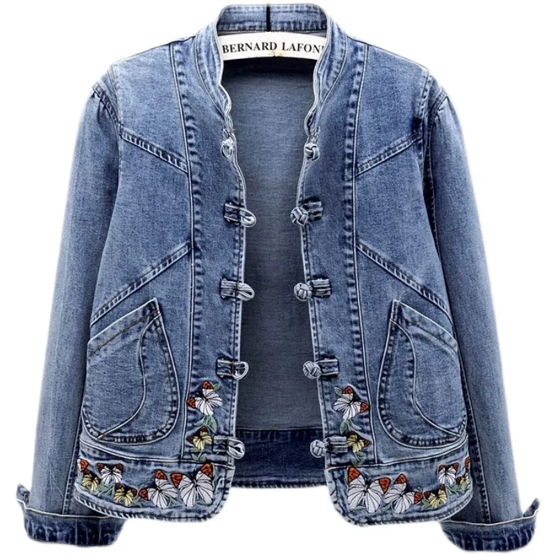 

Fried Street Spring 2022 New Embroidered Stretch Denim Jacket Women Short Jackets Basic Coat Female Bomber Jacket