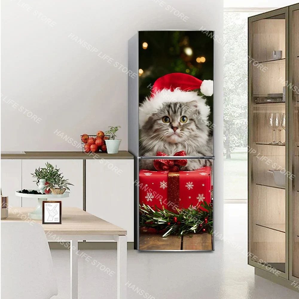 Creative Cute Kitten Wearing Christmas Hat Wall Art Mural for Kitchen Refrigerator Door Wrap Cover Xmas Candy Bar Cat Poster