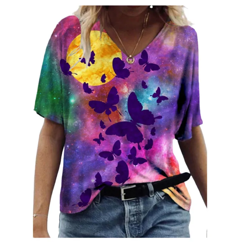 

2022 Tie Dye Butterfly 3D Print T Shirt Women Tops Loose Short Sleeve V Neck Casual Plus Size 3XL Female Streetwear Summer Top