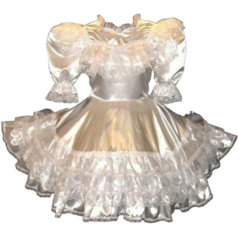 

Französisch Heißer Verkauf Sissy Weiß Satin Rüschen Längs Blase Hülse Erwachsene Baby Maid Kleid Nach