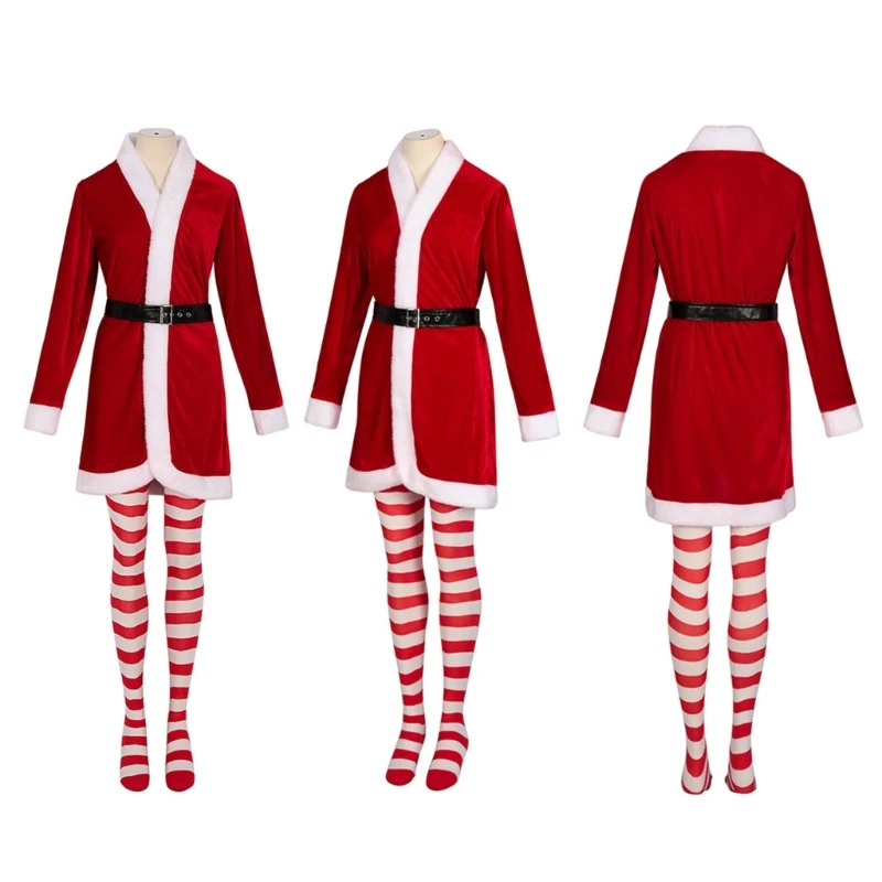 95AB 4 шт. комплект костюма Санты женский рождественский костюм платье полосатые
