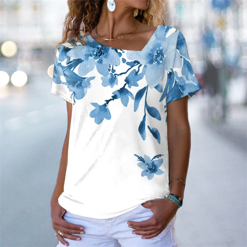 

Футболка женская с цветочным принтом, короткий рукав, косый воротник, пуловер с 3D цветочным узором, повседневный базовый топ в стиле хип-хоп,...