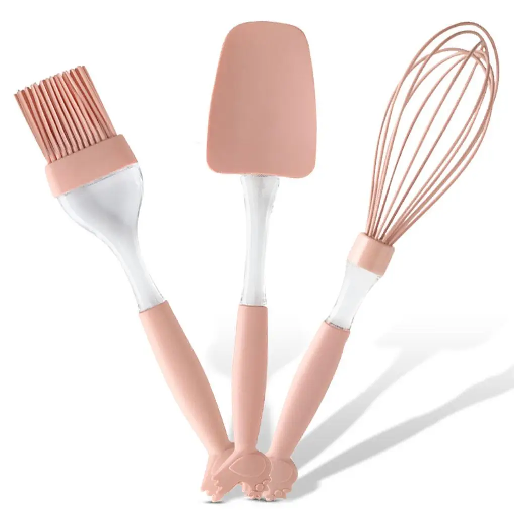 

3Pcs Pink Silicone Cooking Utensils Spatula Egg Whisk Kit High Temperature Proof Scraper Frying Cookeware