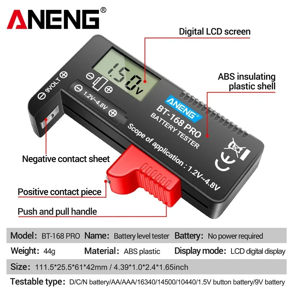 Цифровой универсальный тестер батарей ANENG BT-168 PRO для проверки литиевых, AA, AAA и кнопочных батареек, анализатор нагрузки с дисплеем (art.: 3920db0ea65a8) - 3920db0ea65a8