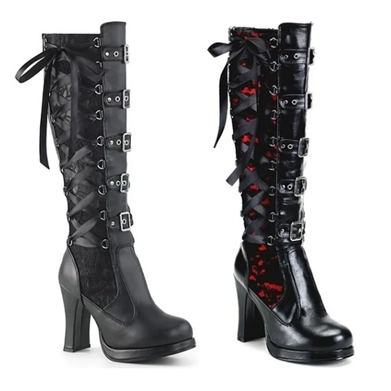 

Женские кожаные сапоги до колена, черные сапоги на массивном каблуке, в готическом стиле, для косплея, Хэллоуина, до колена, большие размеры
