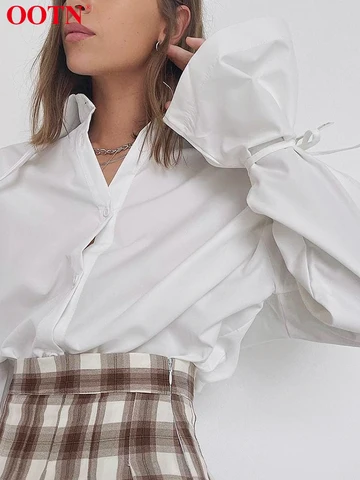 OOTN Office Lady White Women Blouse Elegant Turn-Down Collar Long Sleeve Lace Up Shirt Female Loose 2022 Spring Casual Korean
