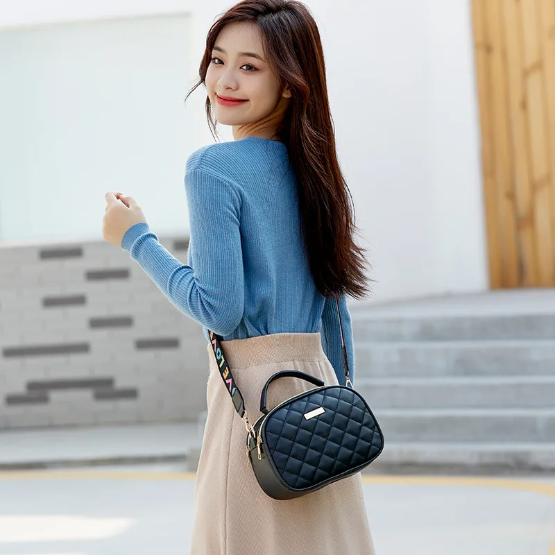 Women bag 2023 new rhombic embroidered double zipper portable slung ribbon camera bag handbag  shoulder bag