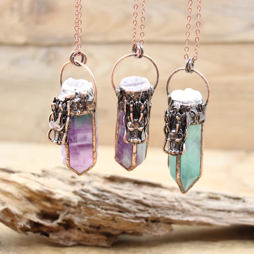 

Natural Fluorite Antique Copper Soldered Druzy Pendants Healing Crystal Tower Point Vintage Bronze Necklaces Boho Jewelry,QC3237