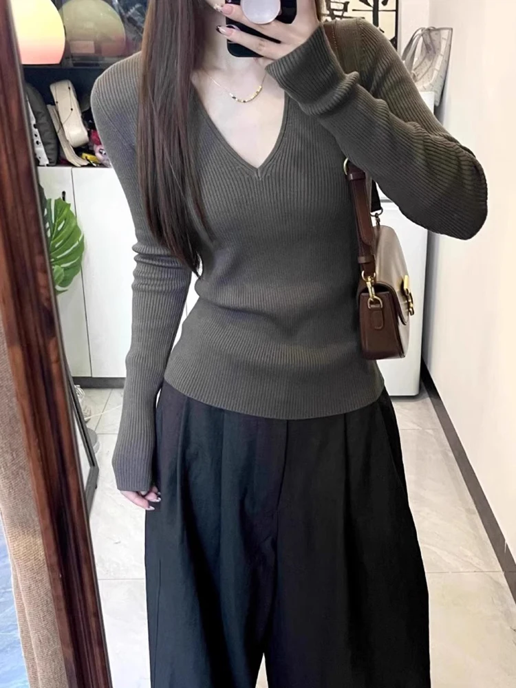 Idle Sle обтягивающий талию утягивающий вязаный свитер с v-образным вырезом женский