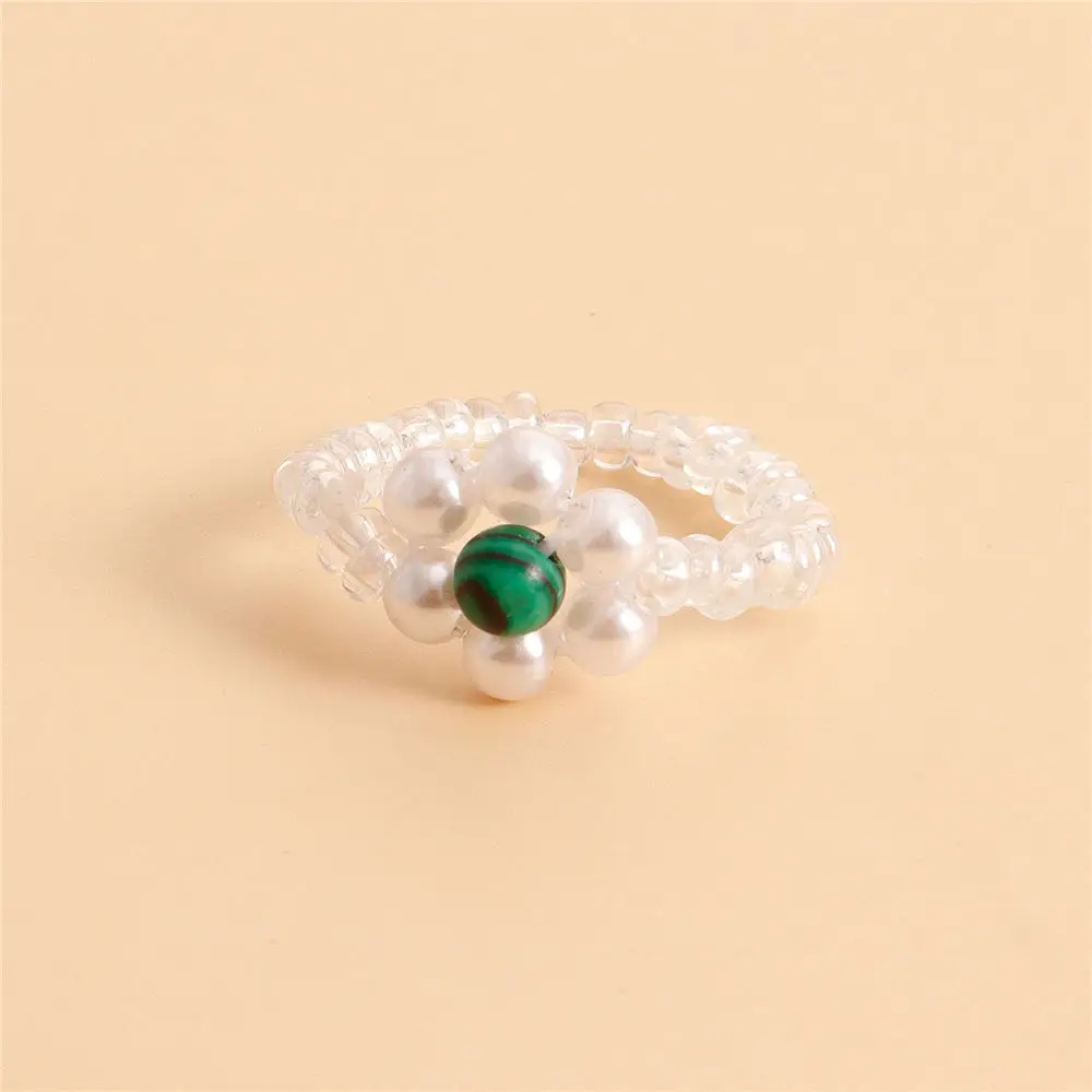

2ND Korean Cute Imitation Pearls Beads Weave Daisy Flower Elastic Ring For Girl Colorful Flower Core Ring Handmade Women Jewelry
