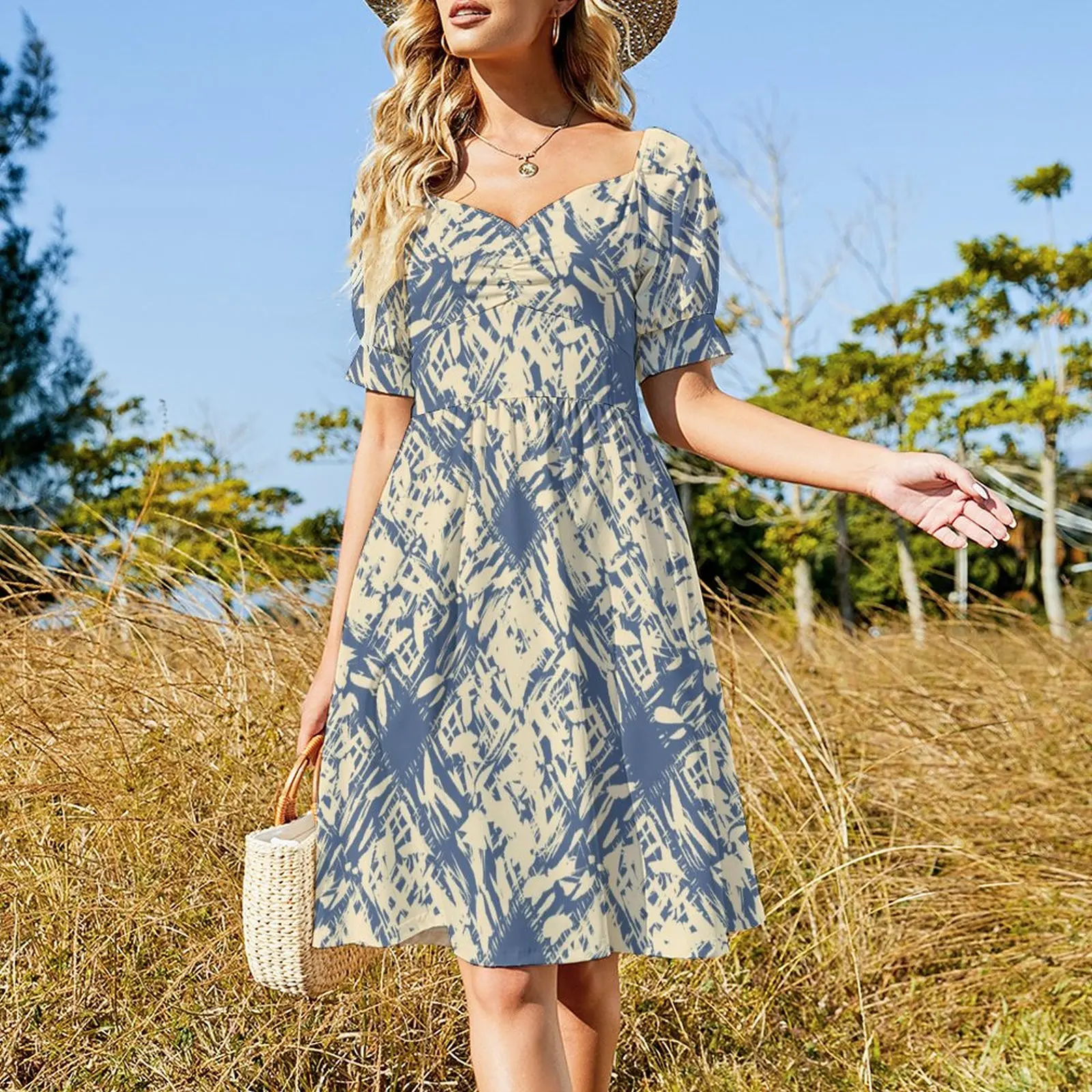 

V-Neck Dresses For Women 2023 Full Print Ruched Sexy Dating Holiday Outfits Bubble Sleeve Elegant Chic HIgh Waist Cloth