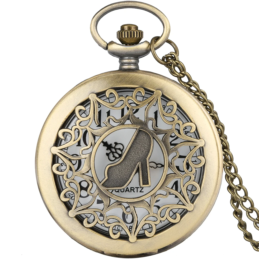 Женские винтажные карманные часы, бронзовые полые кварцевые карманные часы на высоком каблуке, Подвесные часы, античный сувенир для фотографий