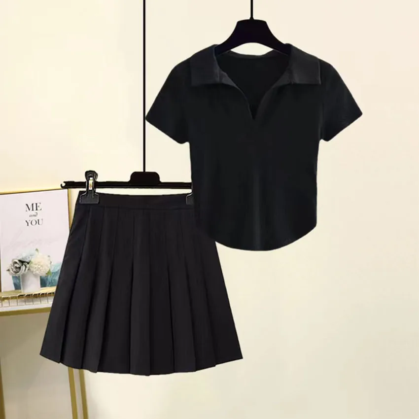 

New Suit, DG Embroidery Letter Pure Cotton Short-Sleeved T-Shirt+flower Print High Waist Pleated Skirt 20227431