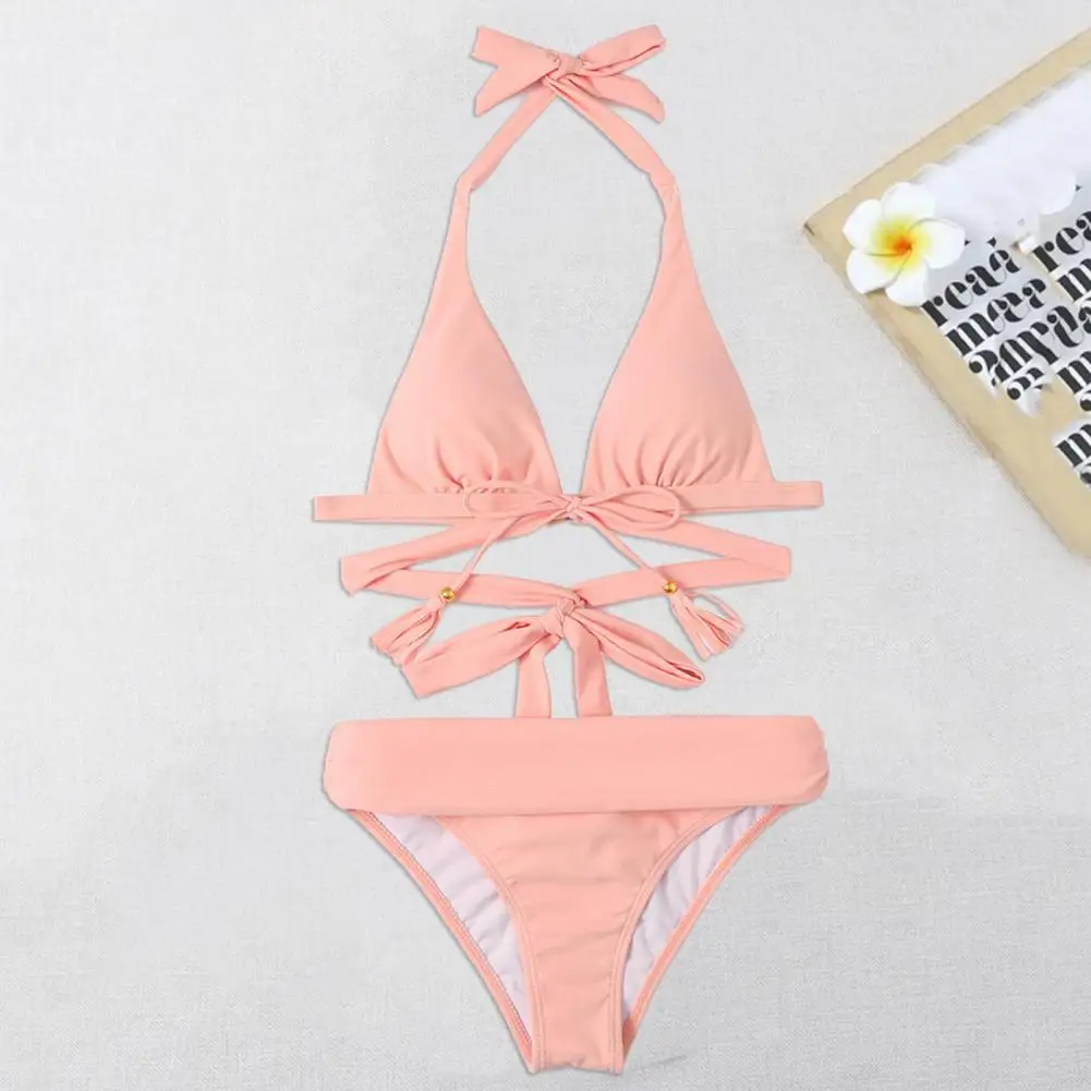

2Pcs/Set Swimsuit Lace-up Soft Solid Color Bow-knot Design Women Swimwear Swimming Bikini Set Swimwear Summer Beach Bathing Suit