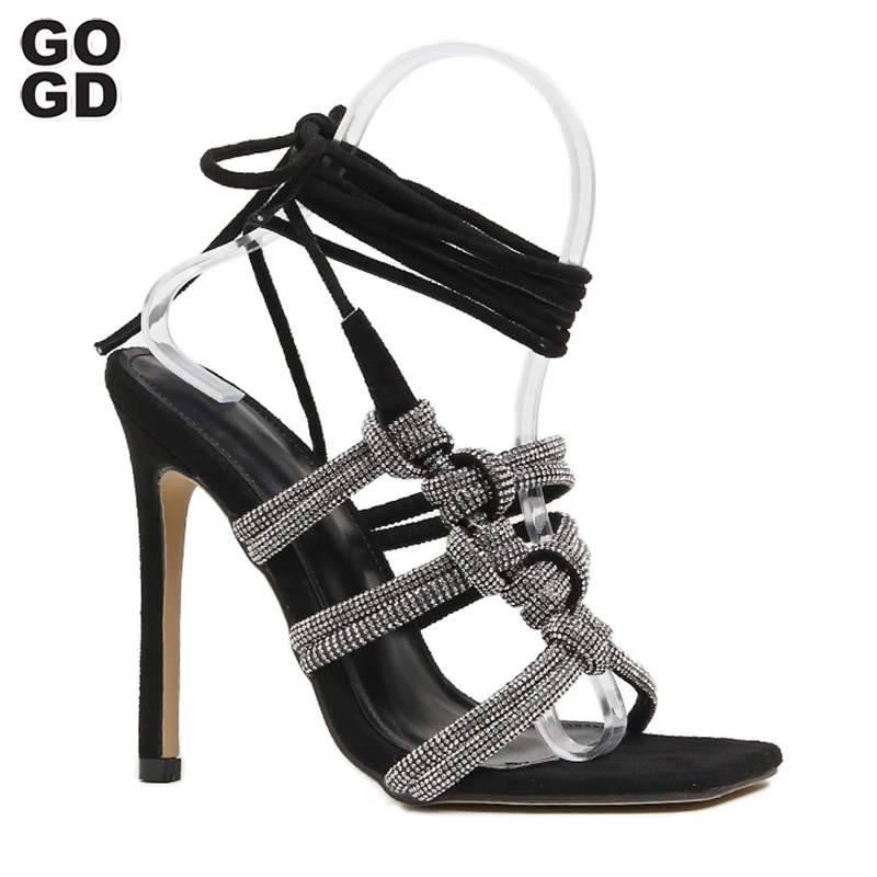 

GOGD 2023 Summer New Brand Ankle Strap Sandals Rhistone Sexy High Heels Lace-Up Thin Heels Luxury Dress Gladiator Pumps Shoes