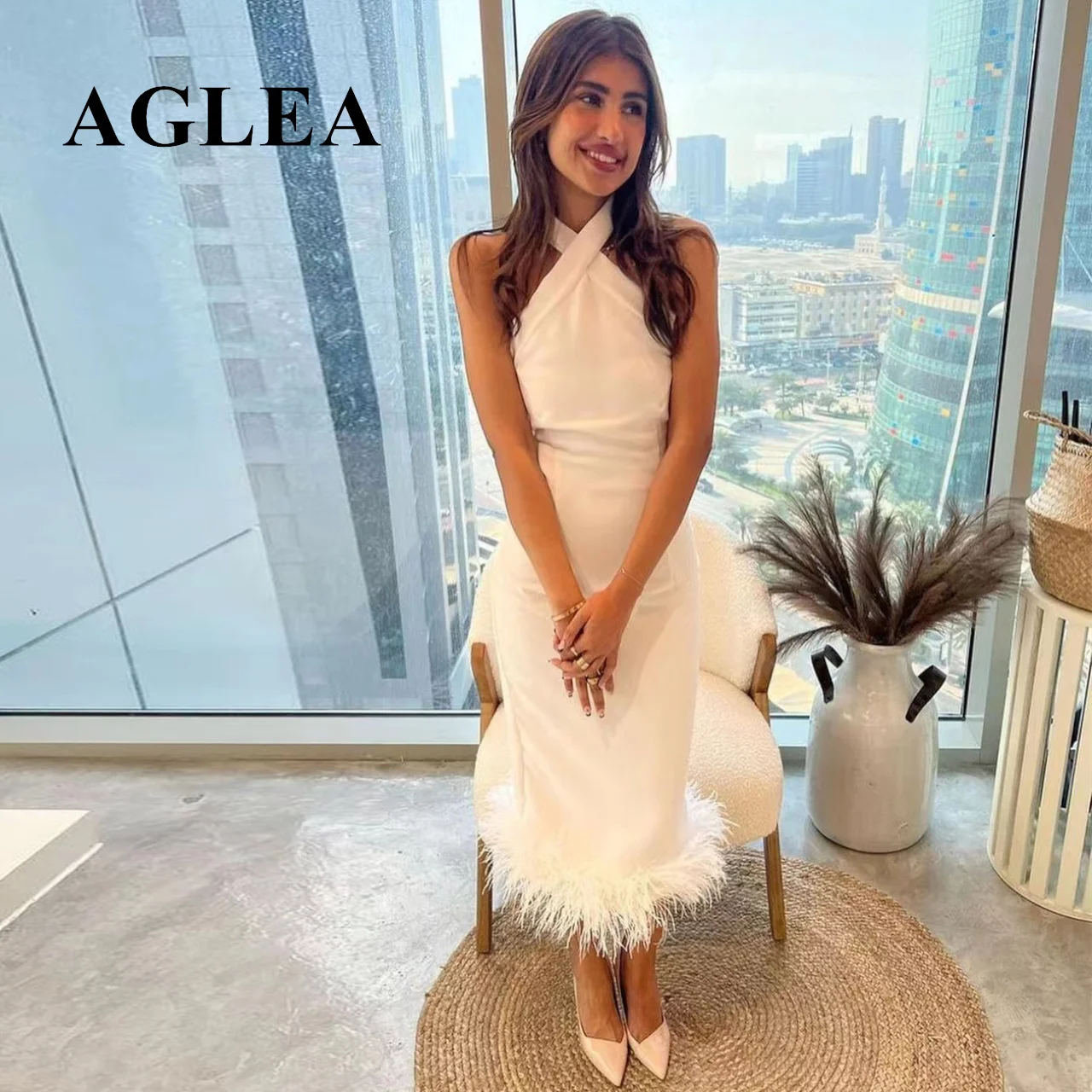 

AGLEA 2023 Cocktail Party Women Wear Mermaid Prom Dresses with Feathers Edge Halter Neck Vestidos Evening Formal Gowns