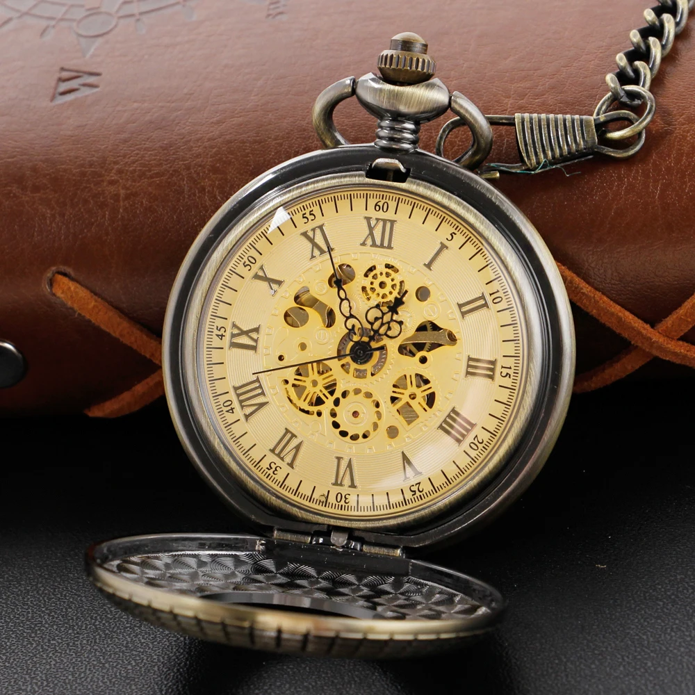 Vintage Wood Carving Hollow Skeleton Mechanical Pocket Watch Men's Fob Chain Steel Arabic Digital Sculpture Women's Men's Gift