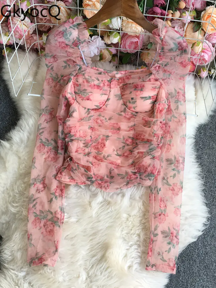 

Ladies Long Sleeved Blouse With Large Floral Mesh Shirt Women 2022 New Autumn V-neck Printed Korean Pullover Short Top Woman