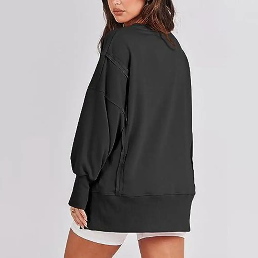 

Lady Soft Top Versatile Women's Fall Spring Sweatshirt O Neck Long Sleeve Loose Fit with Split Hem Stylish Solid Color for Daily