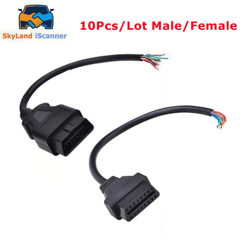 

10Pcs OBD2 16Pin Male Cable For ELM327 Extension Adapter OBD Cable OBDII EOBD ODB2 16 Pin OBD 2 Adaptor Opening Female Cable