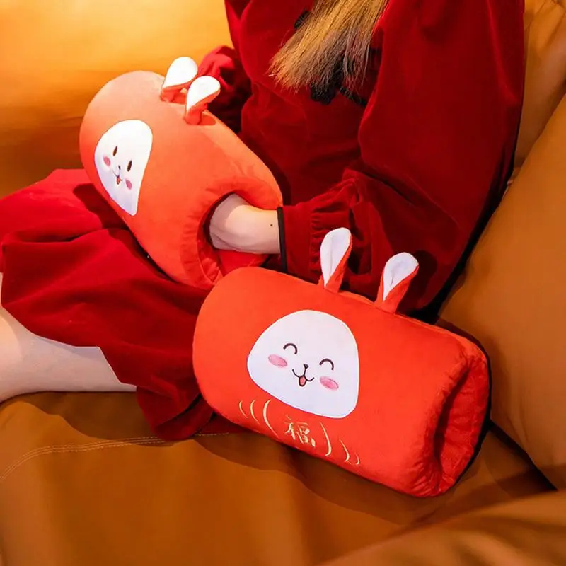 

2023 Rabbit Year Mascot Handwarmer PP Cotton Stuffed Red Rabbit Throw Pillow Winter Hand Warmer Gifts For Home Bedroom Office
