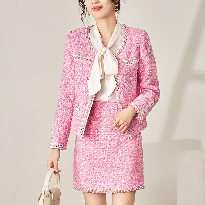 

Женский твидовый костюм с юбкой, элегантный комплект из двух предметов, куртка с длинным рукавом и юбка из 30% шерсти, Осень-зима