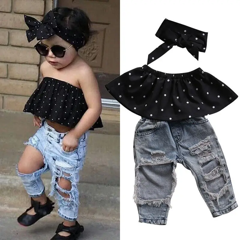 

0-3Y Kids Baby Girls Summer Fashion Clothes Toddler Dot Sleeveless Tops+Hole Jeans Outfits Casual 3pcs Clothes Set