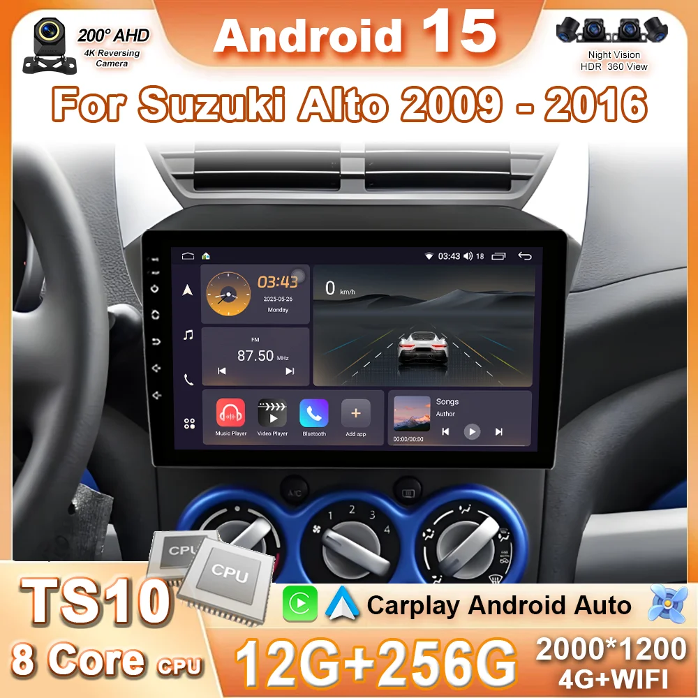 Фото Автомобильный радиоприемник Android 15 для SUZUKI Alto Nissan Pixo 2009-2017 Автоматический мультимедийный плеер GPS-навигация Стерео 4G Carplay Auto №1