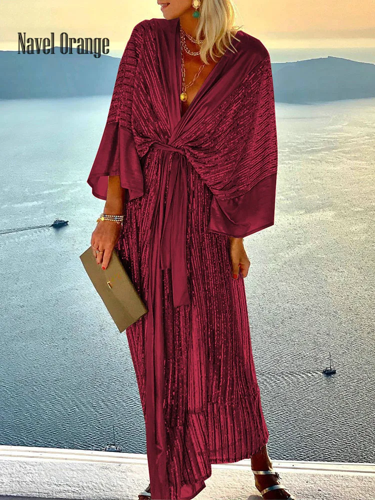 

Beach Style Patchwork Vintage Dress Woman Summer Deep V-Neck Lace-Up Ladies Party Dress Sequined Three Quarter Sleeve Streetwear