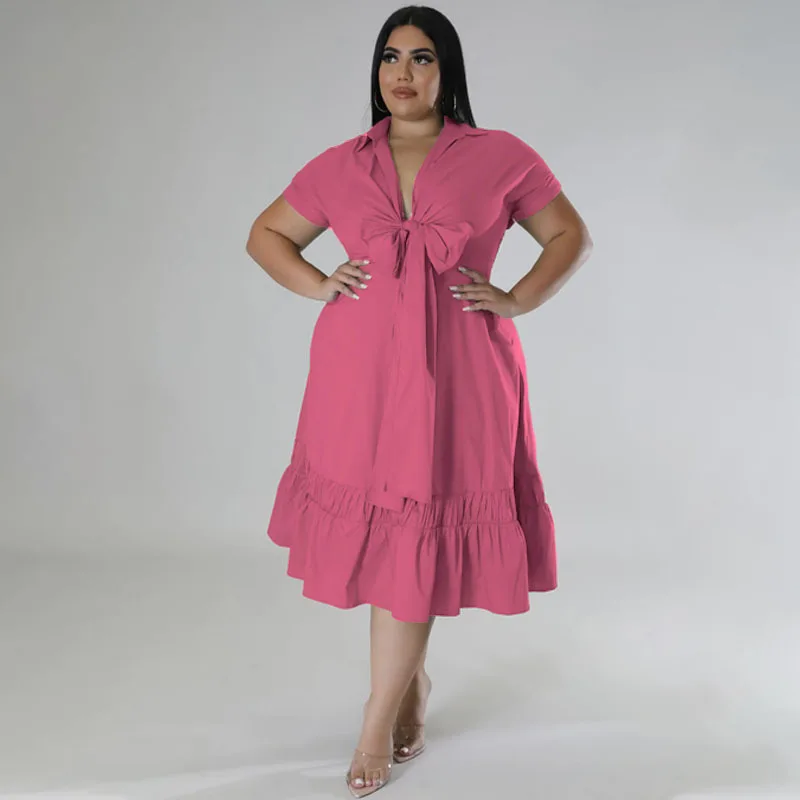Plus Size Loose Dress Bow V Neck Elegant Women Clothing Chubby Female Luxury Robe 2023 Summer Trendy Party Fluid Wide Dress