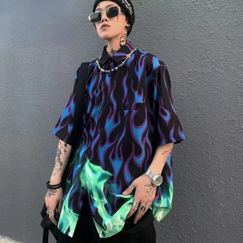 

Мужские блузки EBAIHUI, готические рубашки с принтом пламени, топы в стиле Харадзюку, рубашки с коротким рукавом, женская уличная одежда, унисекс, контрастные блузки для пар