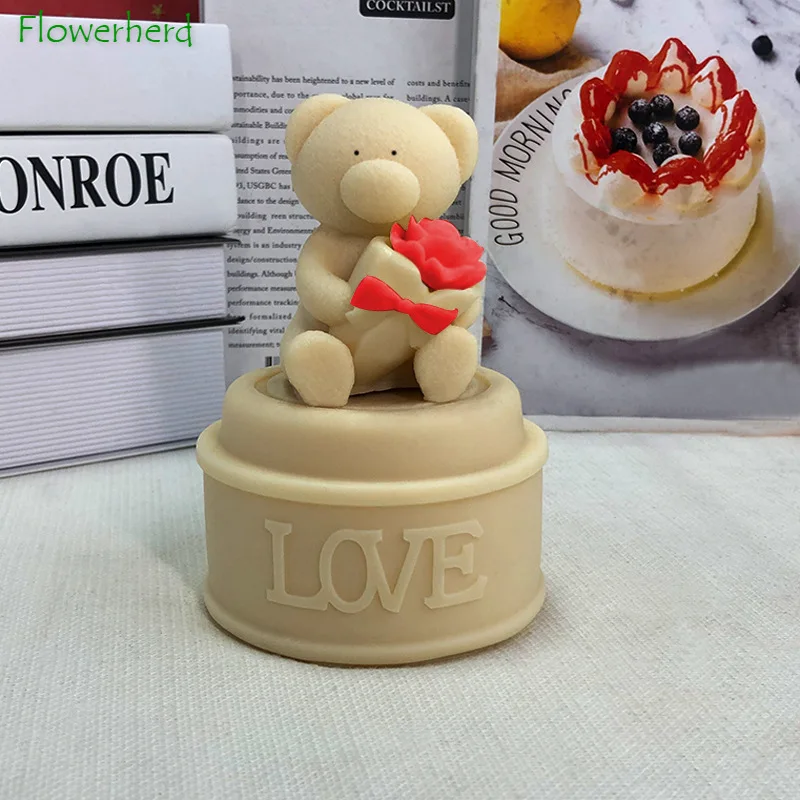 

Three-dimensional Music Box, Bear Hugging Roses, White Bear Cake, Chocolate Candle Silicone Mold Cake Decorating Tools