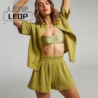 ledp summer fashion shorts two pieces solid color shirt suit women casual loose single breasted short sleeve shorts women
