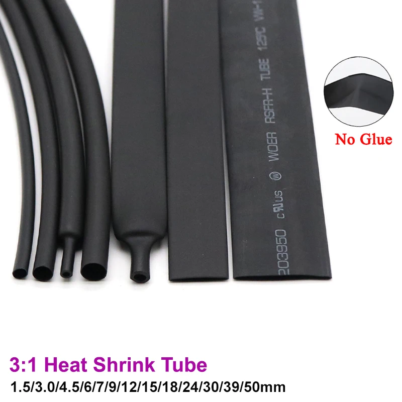 

1/10 м черная термоусадочная трубка 3:1 без клея 1,5 ~ 50 мм, термоусадочная оболочка для кабеля, термоусадочная трубка для проводов