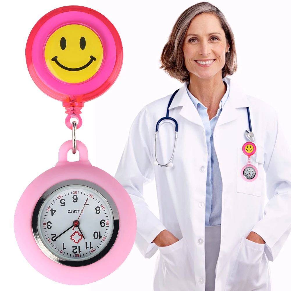 Quartz Pocket Watch for Nurse Cute Pink Smiling Clip-on Fob Brooch Hanging Watch Led Pupil Penlight Gift Set for Medical Doctor