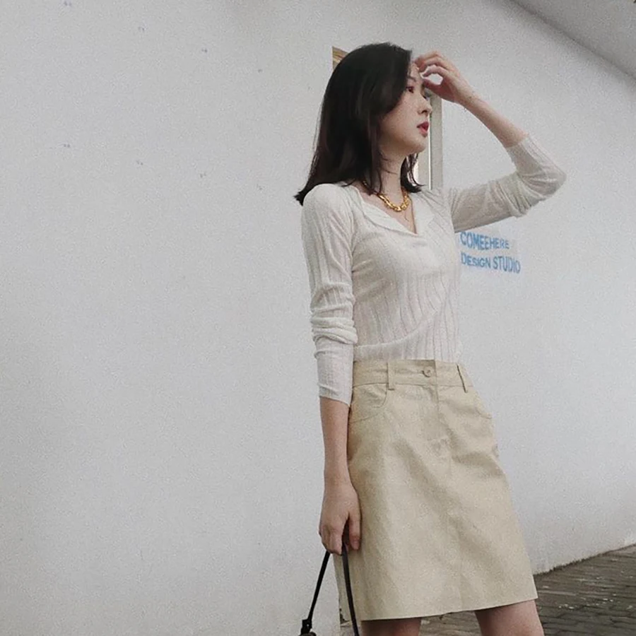 

Rowling Mirror cashmere wool silk Sweater Women Spring 2022 Long Sleeve V Neck Pullover Office Lady Bottom Warm Knit Sweater