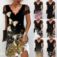 2022 summer new womens european and american printed wave v neck temperament sexy skirt joker fashion casual trend lace dress