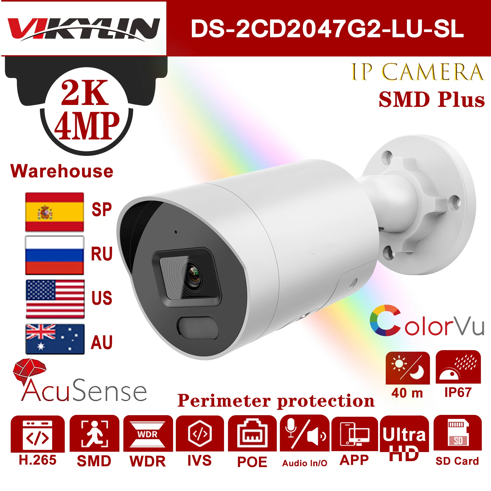 

VIKYLIN HIK AcuSense DS2CD2047G2-LU/SL 4MP ColorVu IP Camera IR 40m H.265 SD Card Slot IP POE IR Mic Fixed Bullet Network Camera