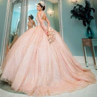 sexy bling rose gold pink quinceanera dresses sequined lace high neck crystal beading off shoulder vestidos de 15 a%c3%b1os