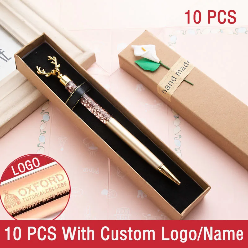 10 PCS Custom Logo Metal Personality Quicksand Elk Signature Pen for Women/Girl Gift Christmas Gift Ballpoint Pen with Pen Box
