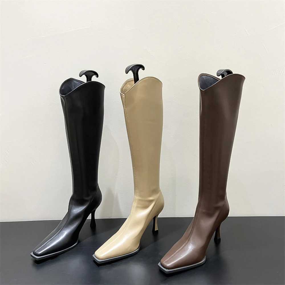 

Square Toe Women Knee High Boots Stretch Sock Booties Thin High Heels Black Beige Brown Back Zipper Winter Autumn Dress Shoes