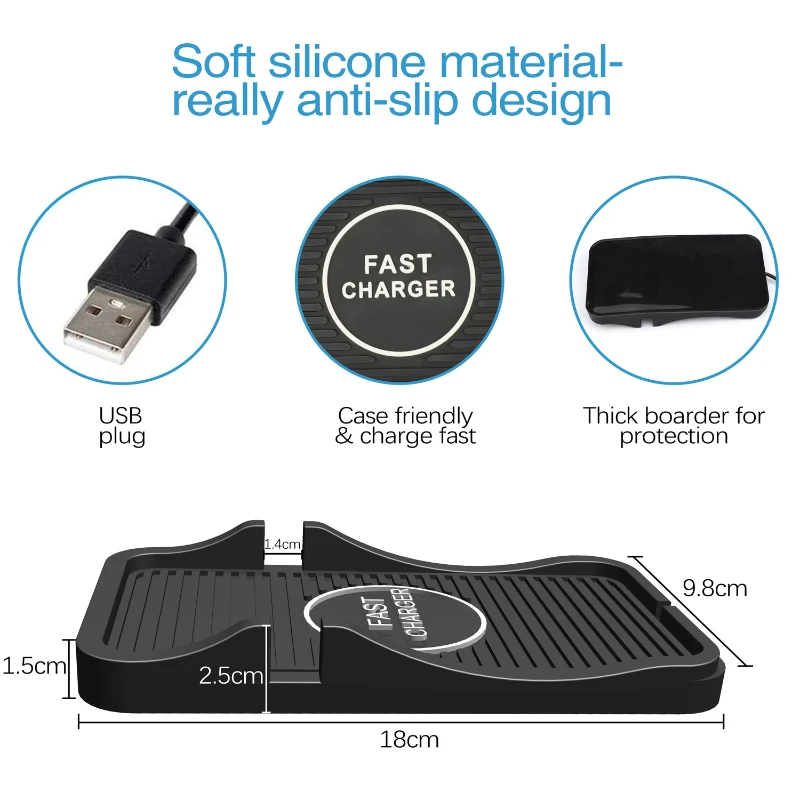 

10W Smart Phone Fast Charging Non-Slip Wireless Car Charger Pad Qi Car Charger With Usb Cable For Home And Office